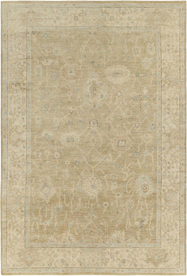 Hand knotted Karalee Wool Area Rug in beige with traditional floral and geometric patterns. Clearance rug. Design-Rectangle-69