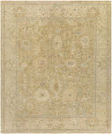 Close-up of the Karalee Handmade Wool Area Rug. Beige, olive, and dusty pink oriental rug with traditional floral patterns. Design-Rectangle-810