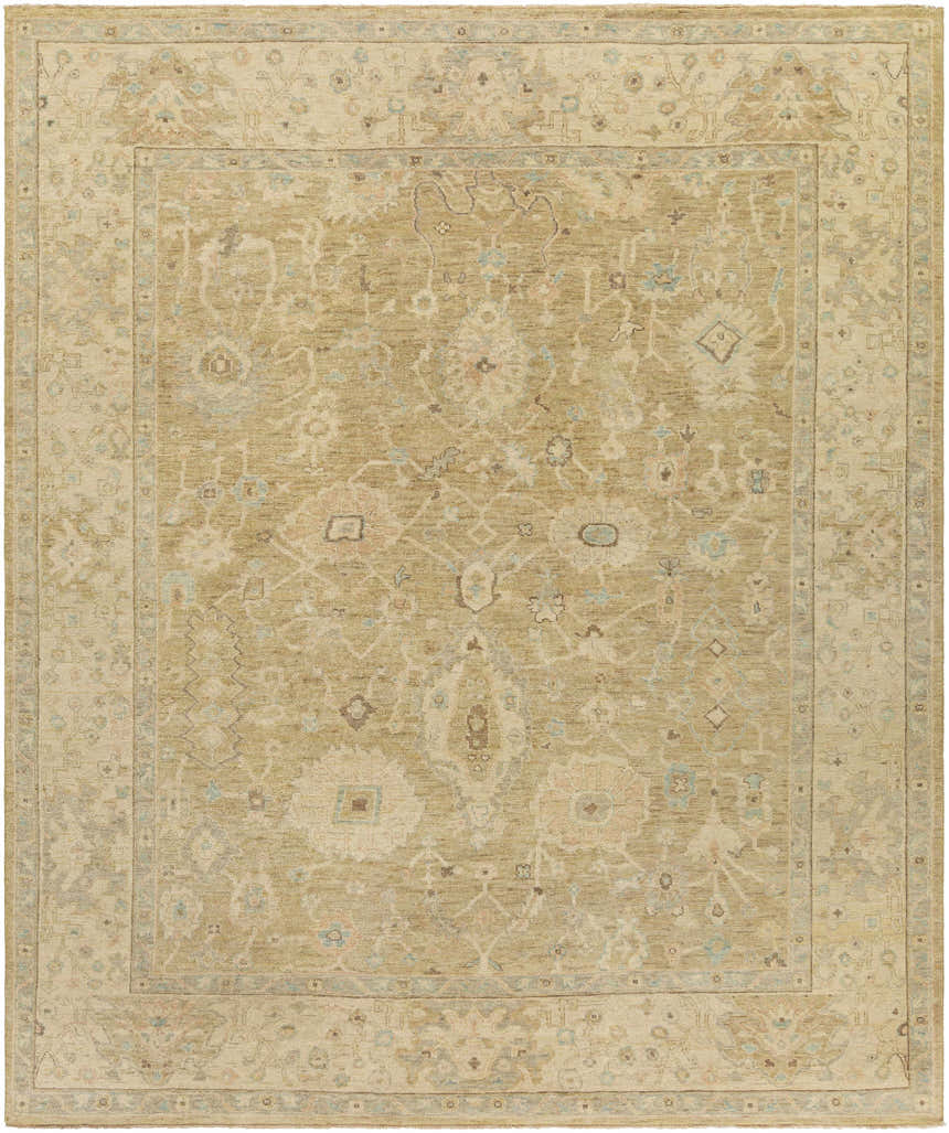 Close-up of the Karalee Handmade Wool Area Rug. Beige, olive, and dusty pink oriental rug with traditional floral patterns. Design-Rectangle-810
