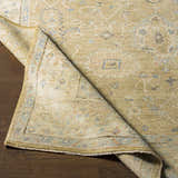 Close-up of the Karalee Handmade Wool Area Rug showing beige, blue, and brown oriental-inspired pattern and hand-knotted texture. Fold