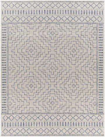 Close-up of Kabala Indoor & Outdoor Rug. Bone rug with dark gray geometric diamond and cross pattern. Coastal, farmhouse style. Design-Rectangle-537