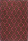 Close-up of the Keansburg Wool Area Rug. Dark brown rug with a magenta trellis pattern. Hand woven texture. Design-Rectangle-58