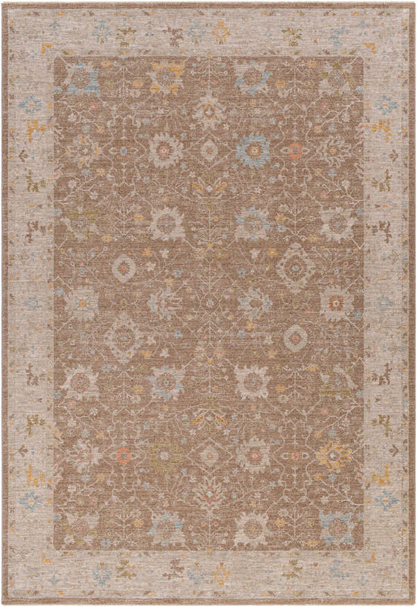 Detailed floral pattern in amber, taupe, and light blue on the Keao Thick Luxe Area Rug. Design-Rectangle-6796
