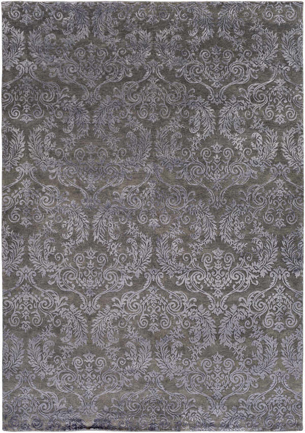 Close-up of the Kechi Area Rug. Black wool and viscose rug with a traditional floral damask pattern. Hand-knotted texture. Design-Rectangle