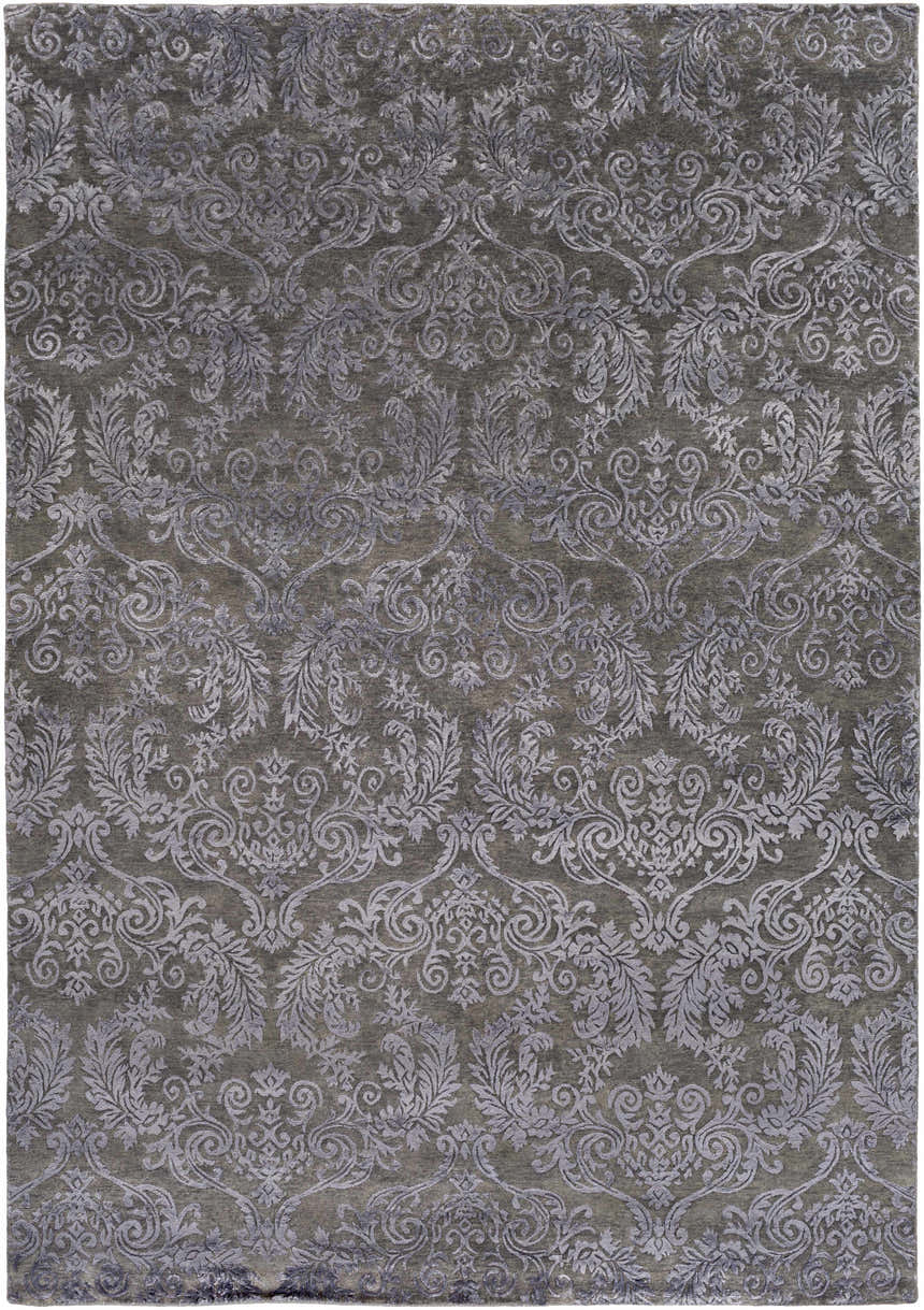 Close-up of the Kechi Area Rug. Black wool and viscose rug with a traditional floral damask pattern. Hand-knotted texture. Design-Rectangle