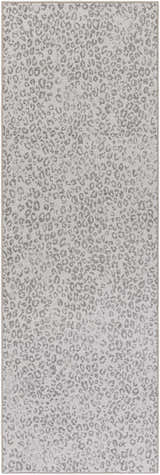 Close-up of the Keenes Leopard Print Area Rug; charcoal spots on a cream and light gray polypropylene rug. Design-Runner-27710