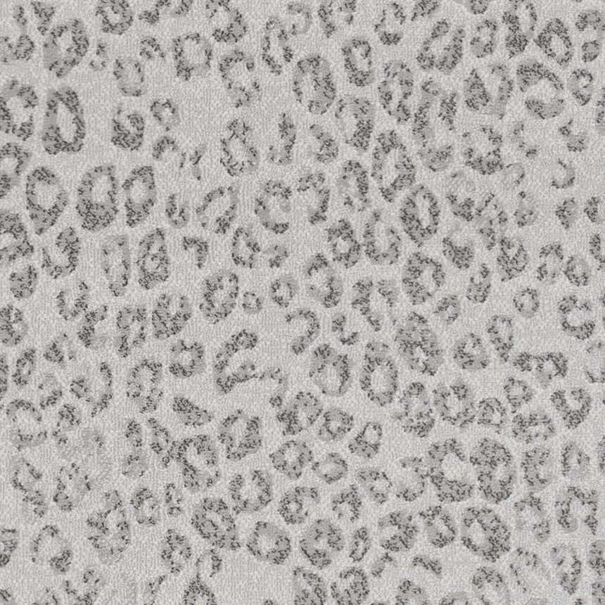 Close-up of the Keenes Leopard Print Area Rug. Charcoal spots on a cream and light gray textured polypropylene rug. Swatch