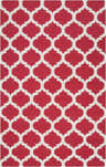 Close-up of the Keeseville Wool Area Rug. Red wool rug with a white quatrefoil pattern. Hand woven. Design-Rectangle-58