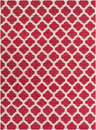 Close-up of the Keeseville Wool Area Rug in red and medium gray with a quatrefoil pattern. Hand woven texture. Design-Rectangle-811