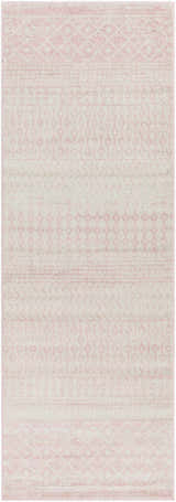 Close-up of the Constantin Blush Area Rug. Bohemian style rug with blush and light gray geometric patterns. Design-Runner-2776