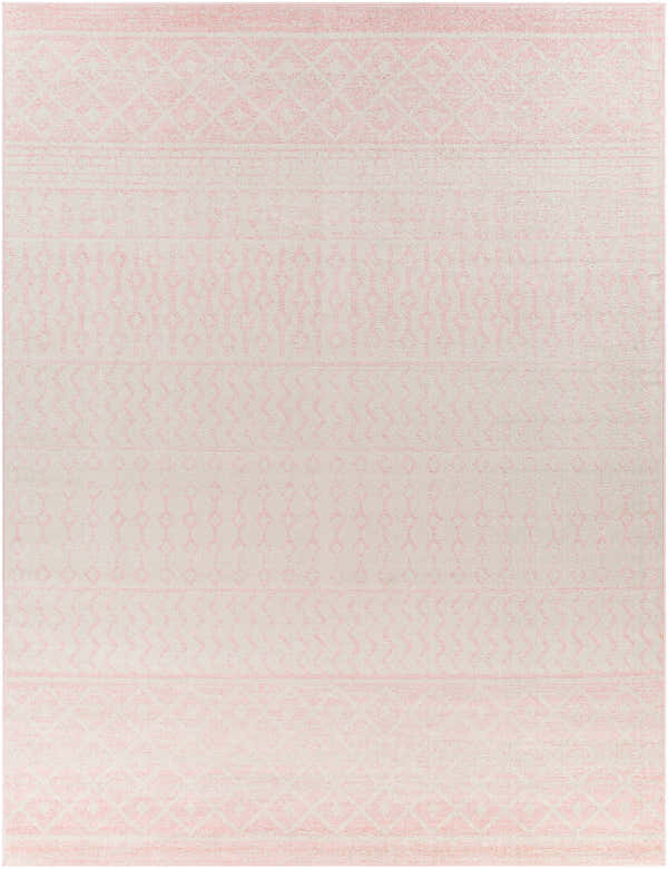 Close-up of the Constantin Blush Area Rug with a subtle bohemian diamond and zigzag pattern in blush and light gray. Design-Rectangle-710103
