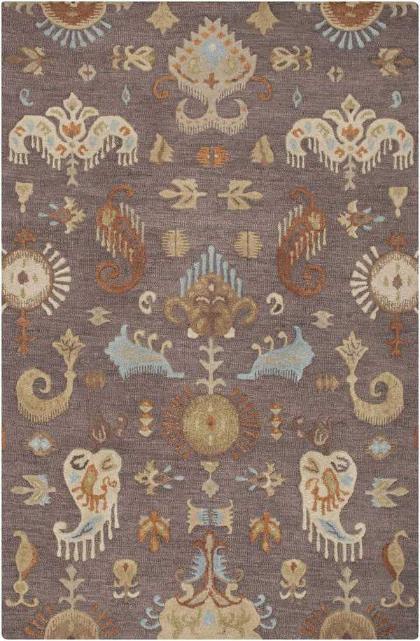 Close-up of the Kelty Area Rug. Hand-hooked wool rug in beige, burnt orange, gray, and blue with a traditional pattern. Design-Rectangle-58