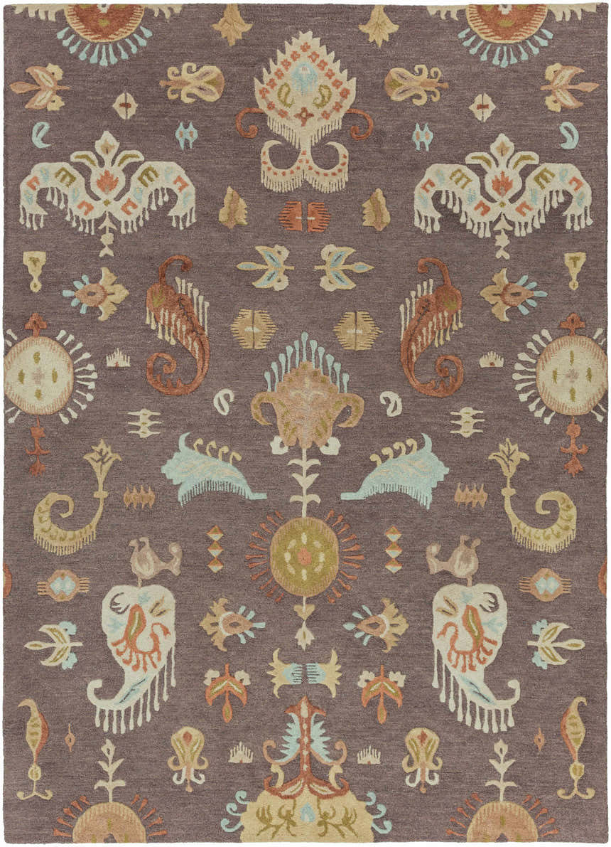 Close-up of the Kelty Area Rug: a hand-hooked wool rug with a traditional pattern in beige, orange, gray, and blue. Design-Rectangle-811