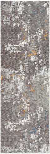 Close-up of the Kenedy Carved Statement Carpet. Abstract design in shades of gray, ivory, blue, and orange. Contemporary style. Design-Runner-3310