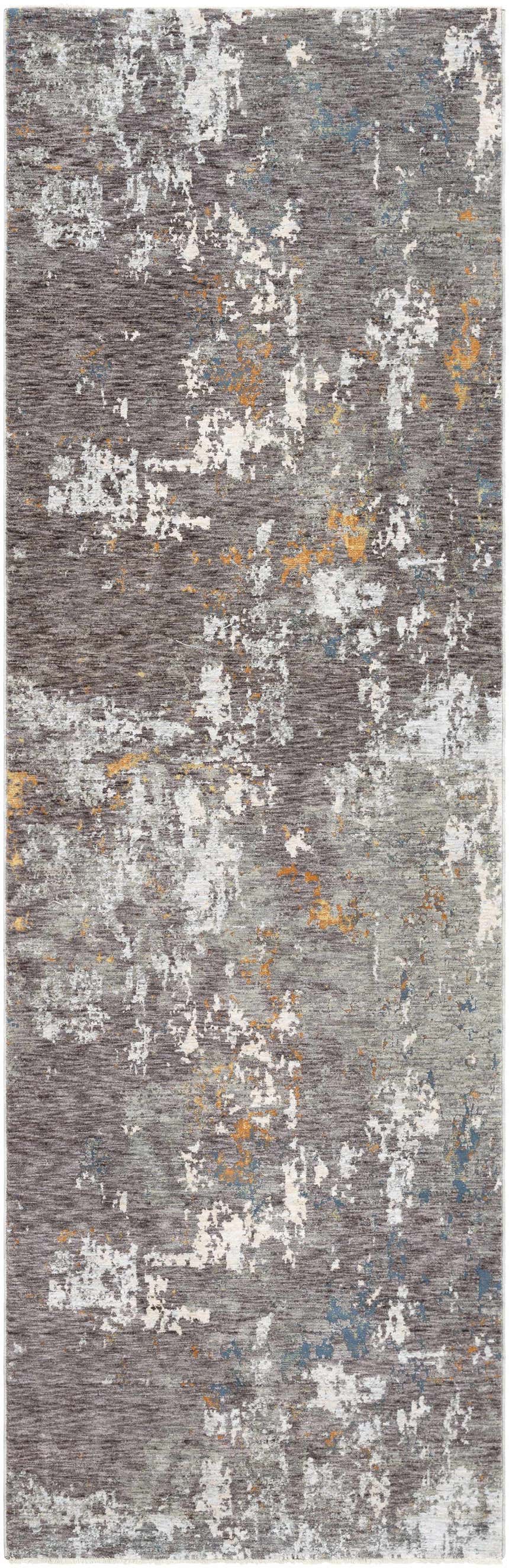Close-up of the Kenedy Carved Statement Carpet. Abstract design in shades of gray, ivory, blue, and orange. Contemporary style. Design-Runner-3310