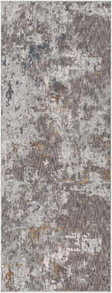 Close-up of the Kenedy Carved Statement Carpet. Contemporary design in blue, charcoal, gray, ivory, and saffron hues. Design-Runner-338