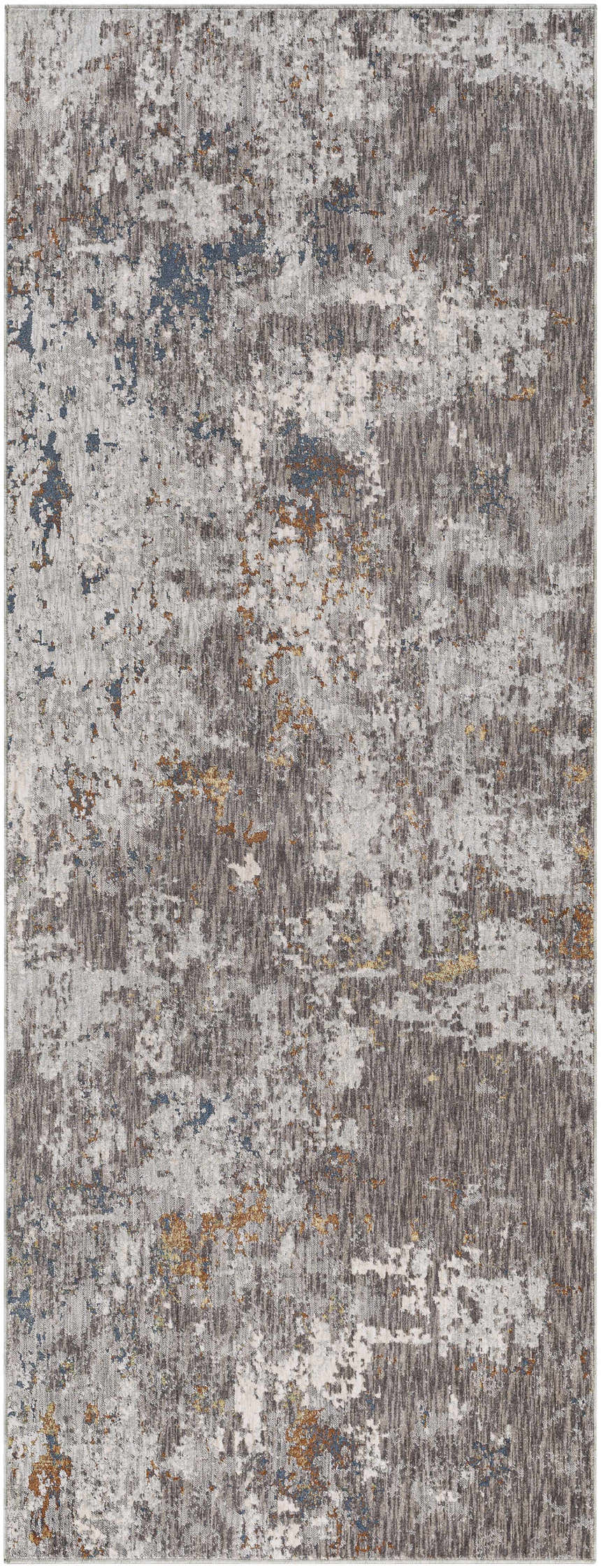 Close-up of the Kenedy Carved Statement Carpet. Contemporary design in blue, charcoal, gray, ivory, and saffron hues. Design-Runner-338