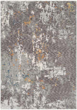 Close-up of the Kenedy Carved Statement Carpet in gray, ivory, blue, and orange with a contemporary abstract design. Design-Rectangle-582