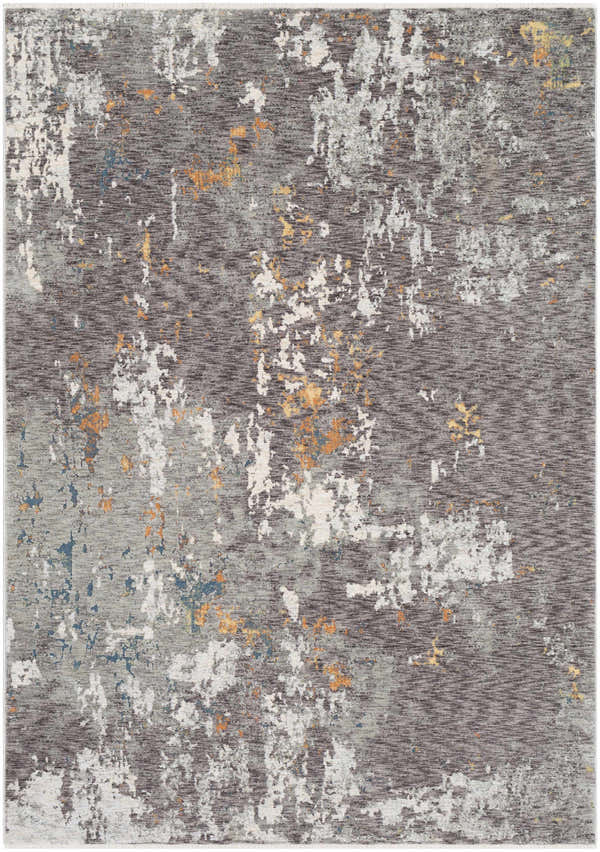 Close-up of the Kenedy Carved Statement Carpet in gray, ivory, blue, and orange with a contemporary abstract design. Design-Rectangle-582