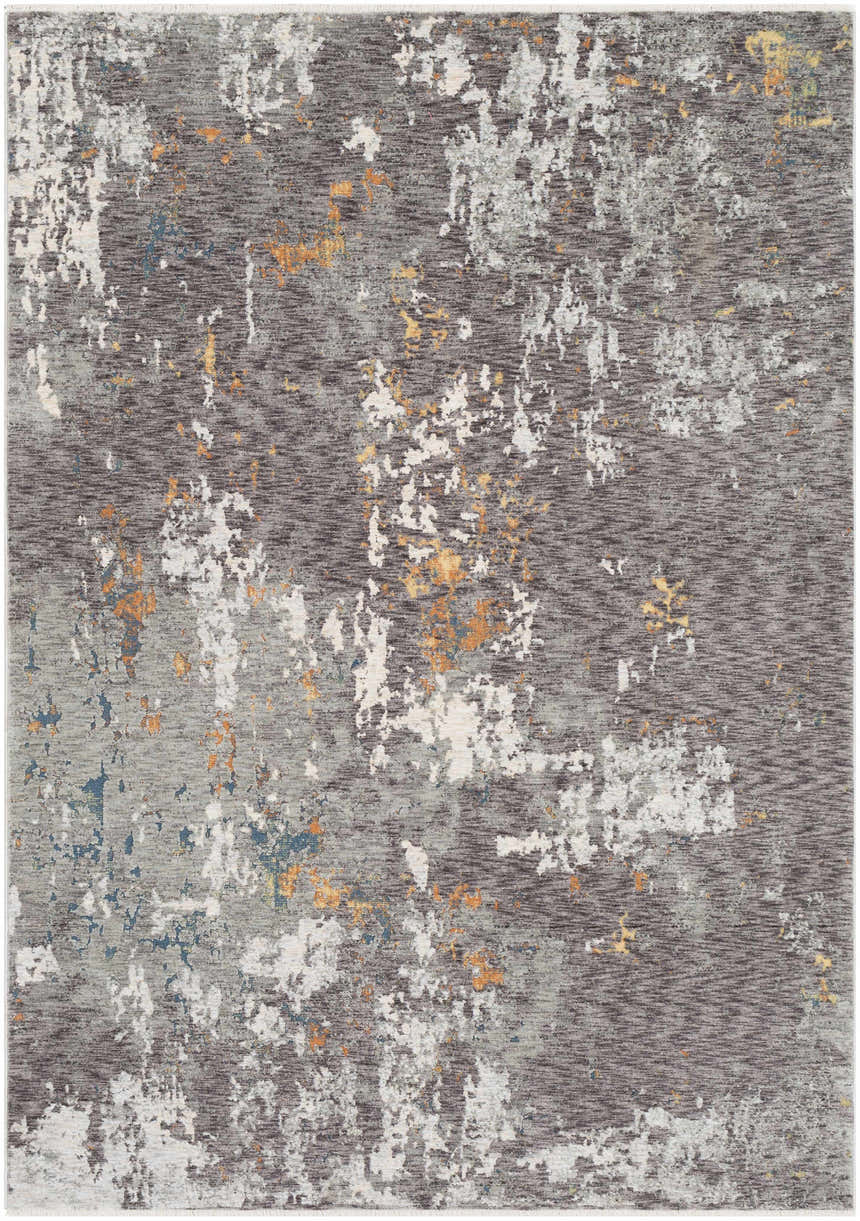 Close-up of the Kenedy Carved Statement Carpet in gray, ivory, blue, and orange with a contemporary abstract design. Design-Rectangle-582