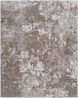 Close-up of the Kenedy Carved Statement Carpet. Abstract design in shades of gray, ivory, blue, and orange. Contemporary style. Design-Rectangle-71010
