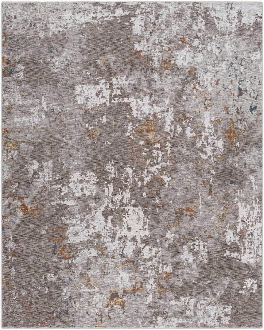 Close-up of the Kenedy Carved Statement Carpet. Abstract design in shades of gray, ivory, blue, and orange. Contemporary style. Design-Rectangle-71010