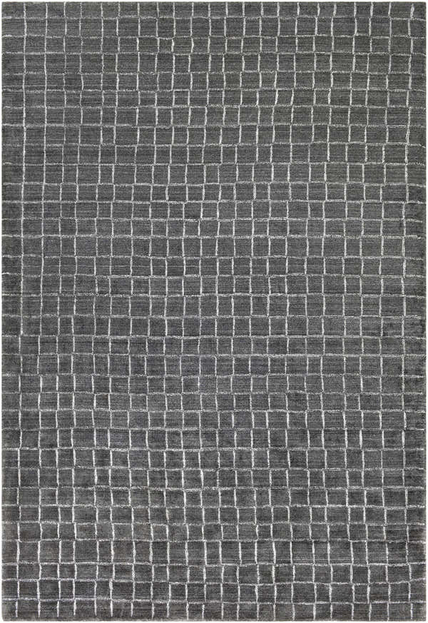Close-up of the Kenesaw Clearance Rug. Charcoal viscose rug with a contemporary white geometric square pattern. Design-Rectangle-69
