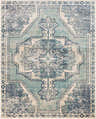 Close-up of the Kenmare Blue Medallion Rug. Features a traditional, vintage design with gray, beige, navy, and teal colors. Design-Rectangle-710103