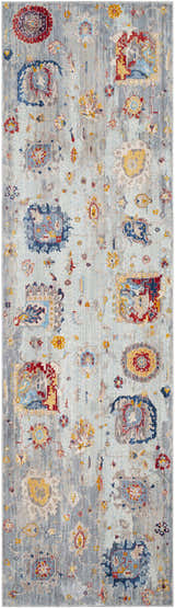 Close-up of the Kernersville Area Rug, a vintage style runner with blue, orange, and gray floral and geometric patterns. Design-Runner-279