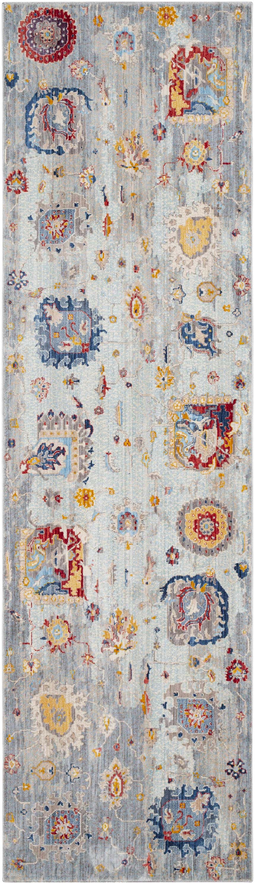 Close-up of the Kernersville Area Rug, a vintage style runner with blue, orange, and gray floral and geometric patterns. Design-Runner-279