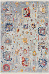 Detailed view of the Kernersville Area Rug, a vintage style rug in blue, orange, and gray with a traditional floral pattern. Design-Rectangle-579