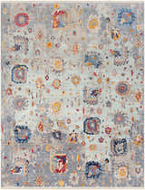 Detailed close-up of the Kernersville Area Rug, featuring a vintage Bohemian pattern in blue, orange, and gray hues. Design-Rectangle-710103