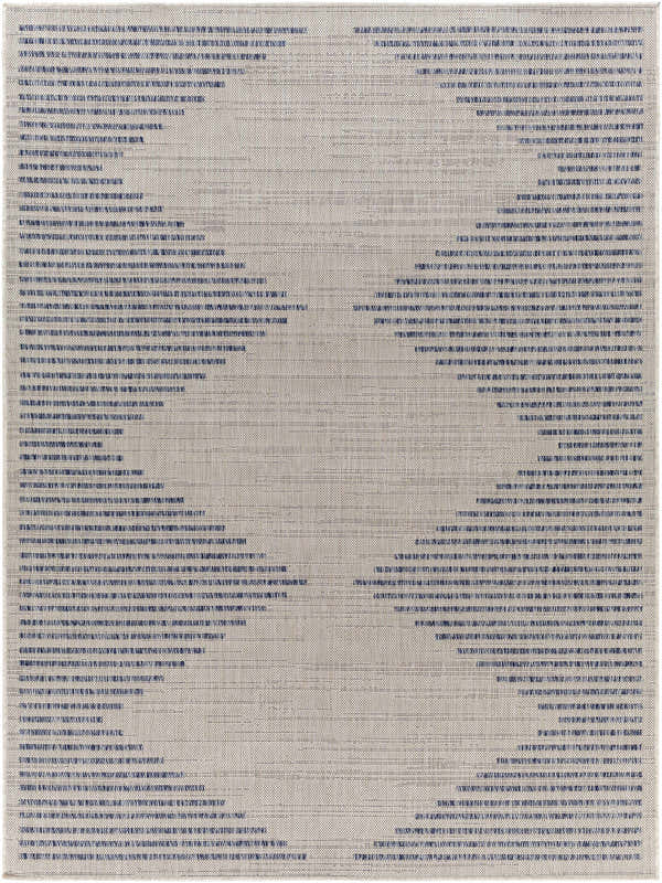 Close-up of the Khandallah Area Rug featuring a geometric pattern in cream and navy hues. Machine woven texture. Design-Rectangle-537