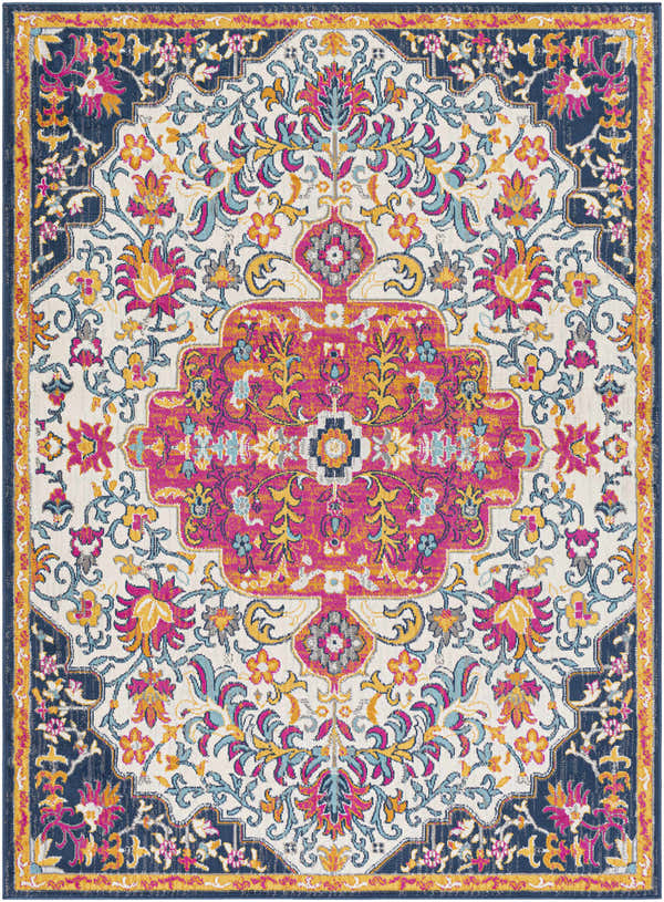 Detailed Kialla Magenta & Burnt Orange Area Rug with floral pattern in fuchsia, orange, blue, and yellow on a light beige background. Design-Rectangle-537