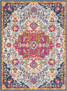 Detailed Kialla Magenta & Burnt Orange Area Rug with floral pattern in fuchsia, orange, blue, and yellow on a light beige background. Design-Rectangle-537