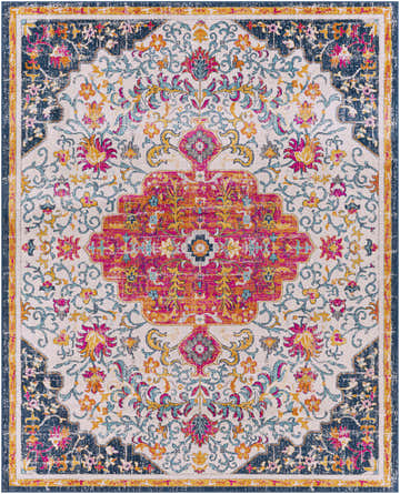 Detailed view of the Kialla Magenta & Burnt Orange Area Rug. Bohemian style with floral patterns in fuchsia, orange, and navy. Design-Rectangle-71010