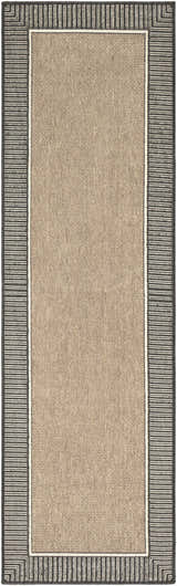 Close-up of the Kidron Area Rug, a beige rug with a black and white striped border. Contemporary style. Design-Runner-2379