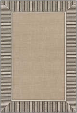 Close-up of the Kidron Area Rug. Beige center with a black and white striped border. Contemporary farmhouse style. Design-Rectangle-5376