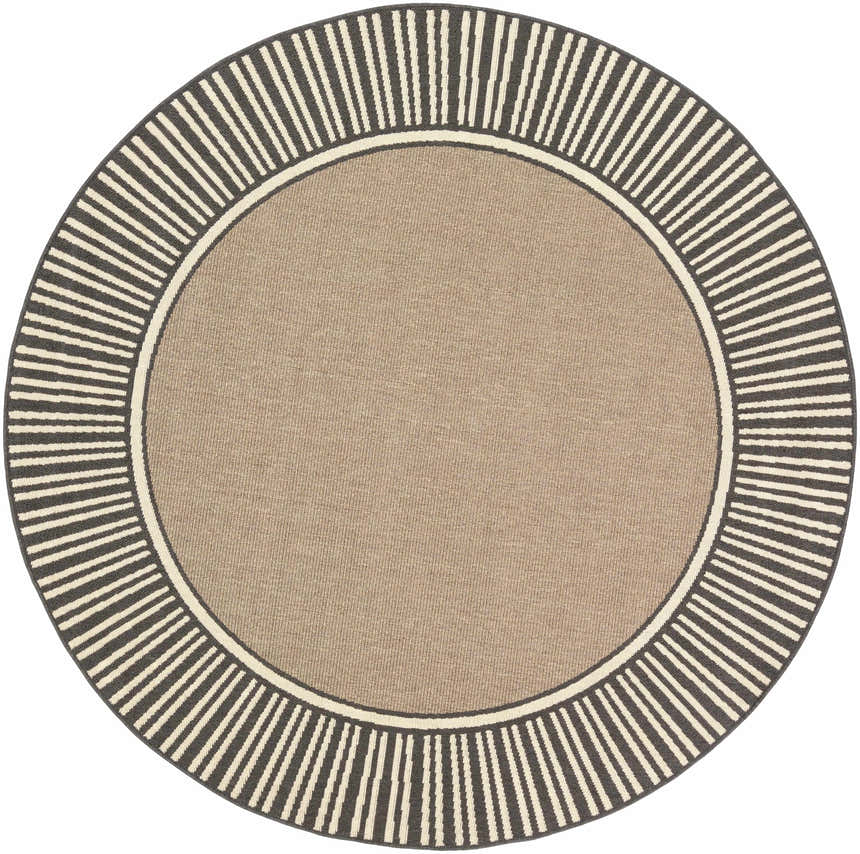 Round Kidron Area Rug. Beige center with black and beige striped border. Contemporary style. Design-Round-73