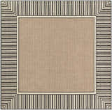 Close-up of the Kidron Area Rug. Beige center with a black and white striped border. Contemporary style. Design-Square-73