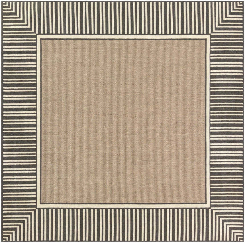 Close-up of the Kidron Area Rug. Beige center with a black and white striped border. Contemporary style. Design-Square-73