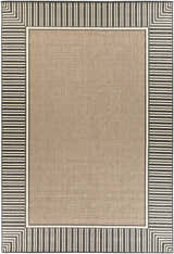 Kidron Area Rug. Beige rug with a black and white striped border. Contemporary style. Design-Rectangle-76109