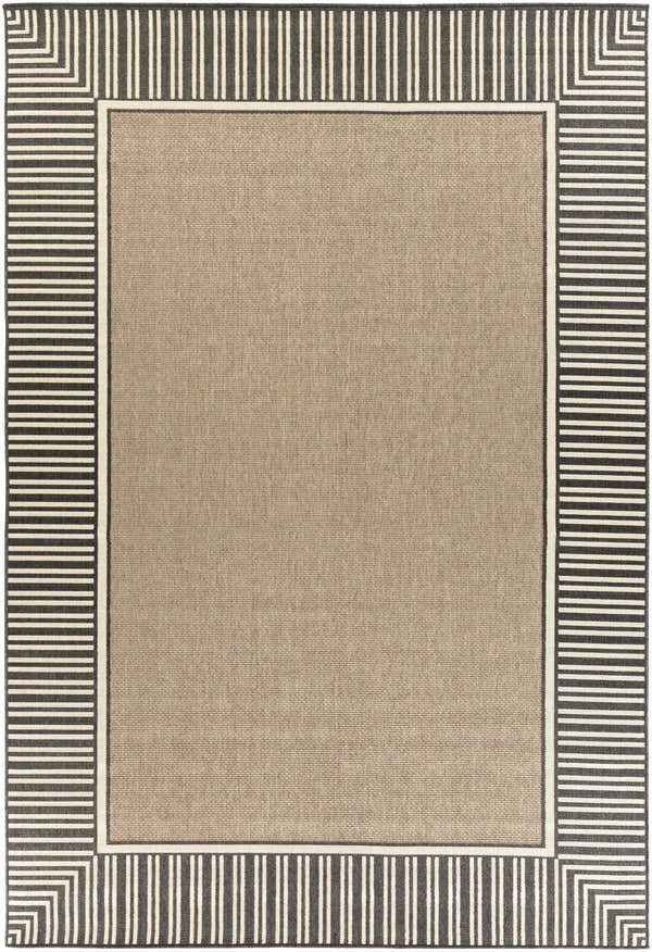 Kidron Area Rug. Beige rug with a black and white striped border. Contemporary style. Design-Rectangle-76109
