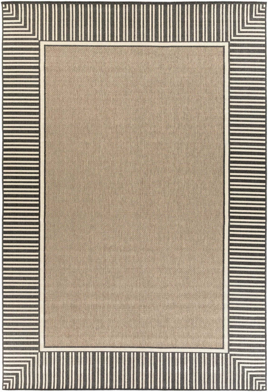 Kidron Area Rug. Beige rug with a black and white striped border. Contemporary style. Design-Rectangle-76109