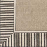 Close-up of the Kidron Area Rug. Beige rug with black and white striped border. Contemporary, farmhouse style. Swatch