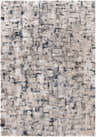Close-up of the contemporary Kilbirnie Area Rug; a machine-woven design in black, cream, gray, and beige polypropylene. Design-Rectangle-537