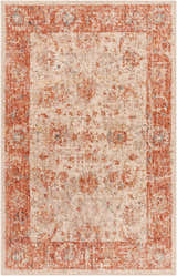 Close-up of the Kilsby Area Rug, a machine-woven rug with a traditional oriental pattern in cream and rust colors. Design-Rectangle-23