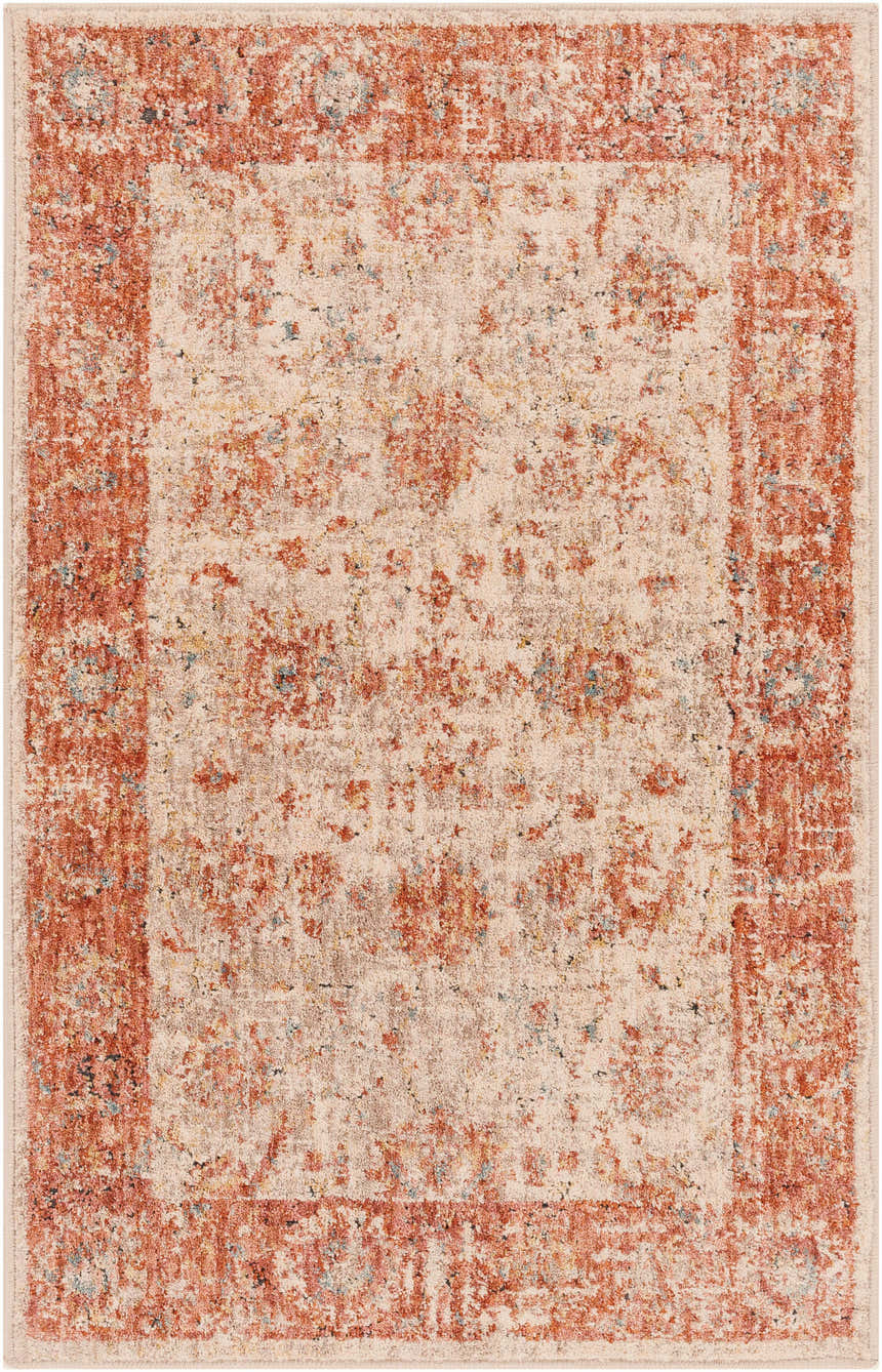 Close-up of the Kilsby Area Rug, a machine-woven rug with a traditional oriental pattern in cream and rust colors. Design-Rectangle-23