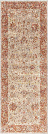 Close-up of the Kilsby Area Rug. Features a traditional pattern in beige and rust tones, with hints of blue and yellow. Design-Runner-2773