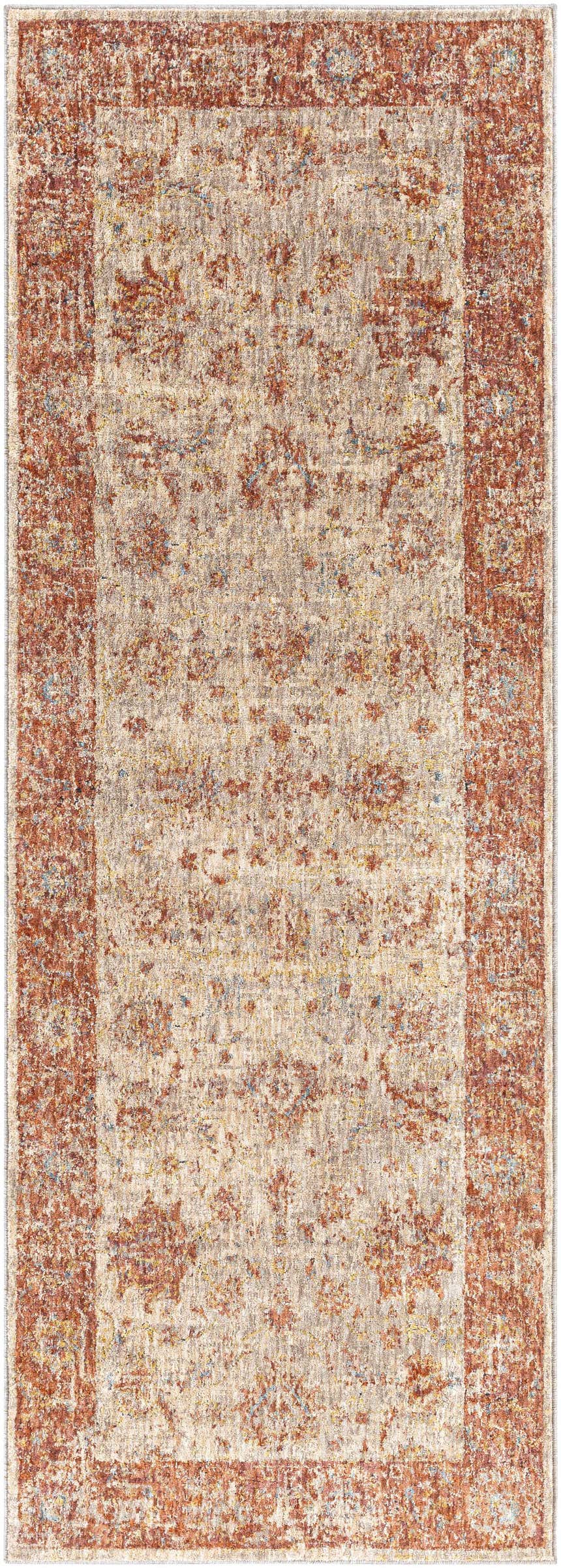 Close-up of the Kilsby Area Rug. Features a traditional pattern in beige and rust tones, with hints of blue and yellow. Design-Runner-2773
